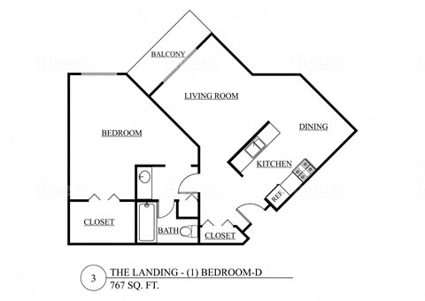 Floor plan for 1 bed, 1 bath, 767 sqft